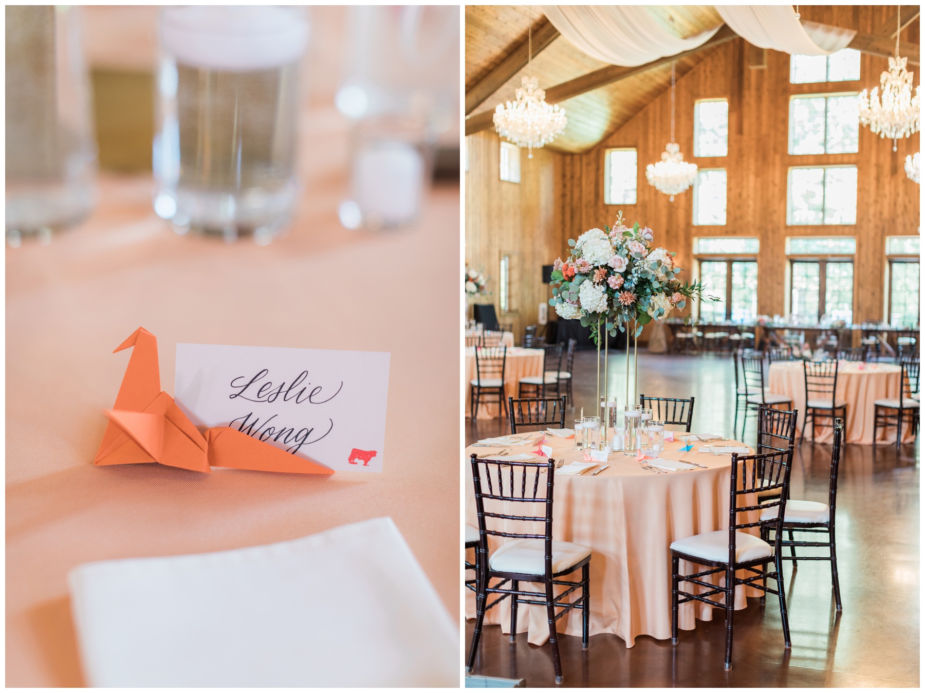 Peach linens and place cards with paper cranes at a wedding reception