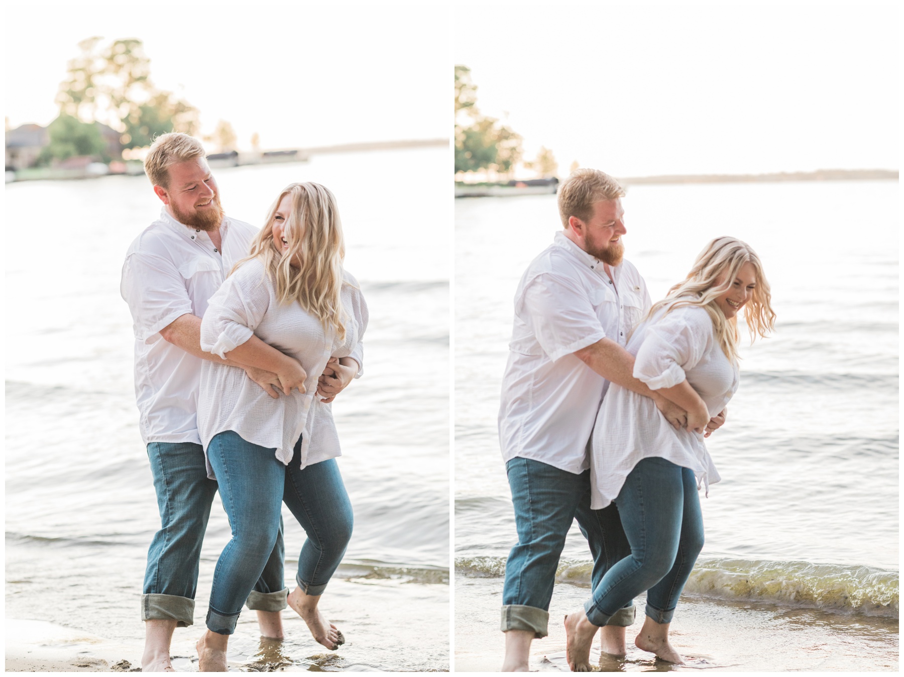 Bride and groom wearing matching white button-down shirts and jeans for their engagement session