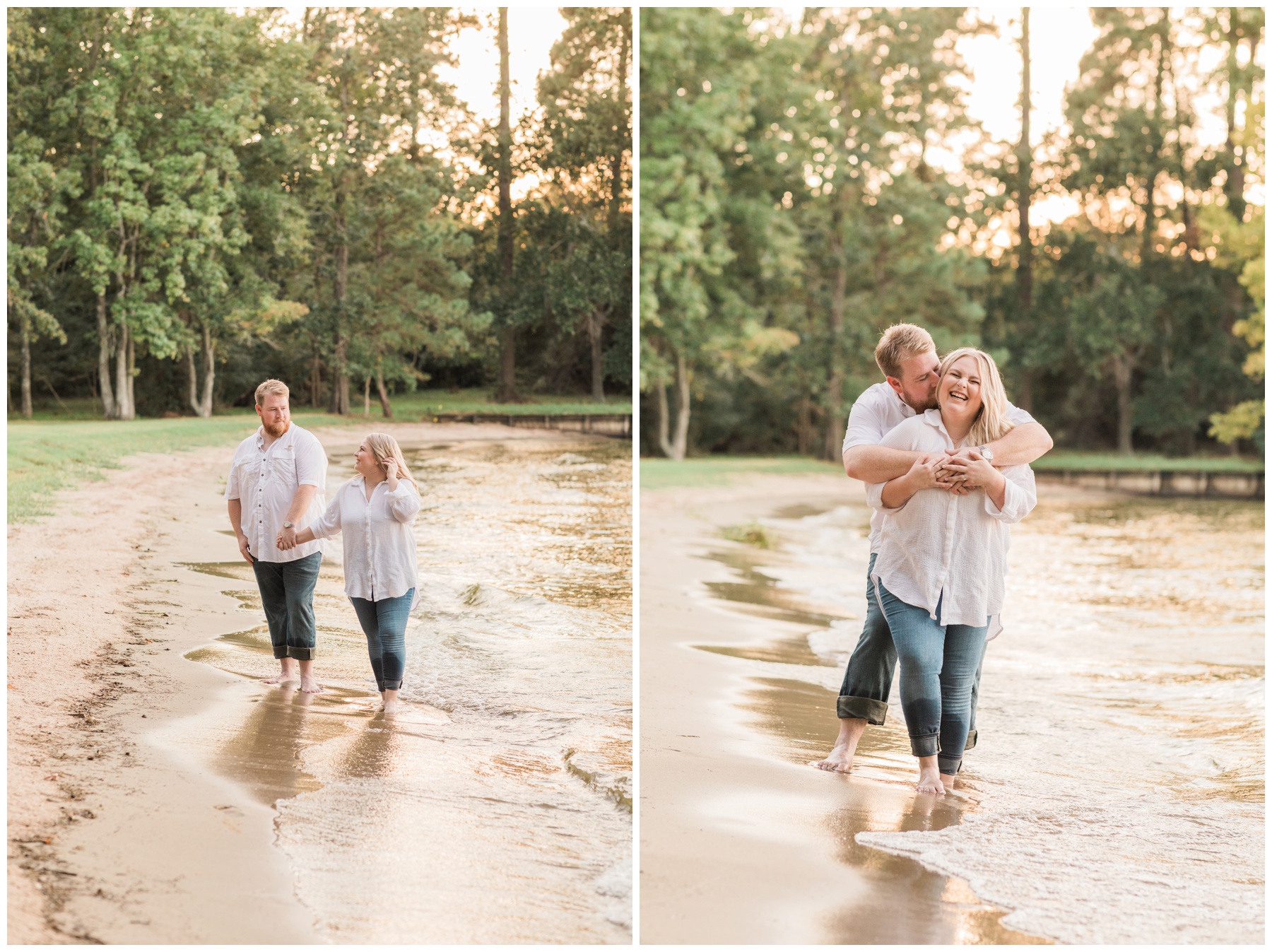 Bride and groom wearing matching white button-down shirts and jeans for their engagement session