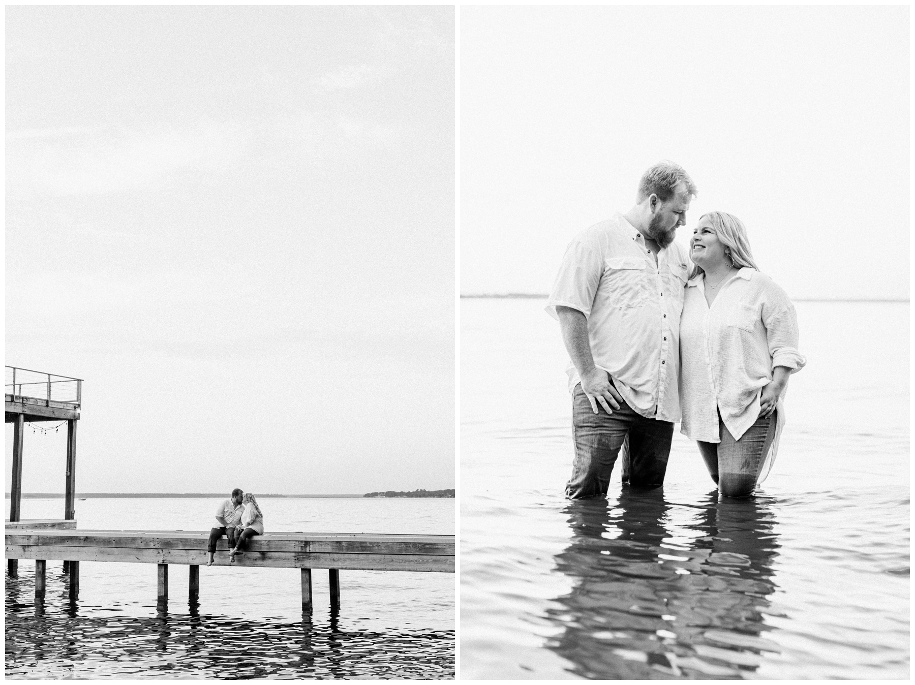 A couple wading in Lake Conroe for their engagement session