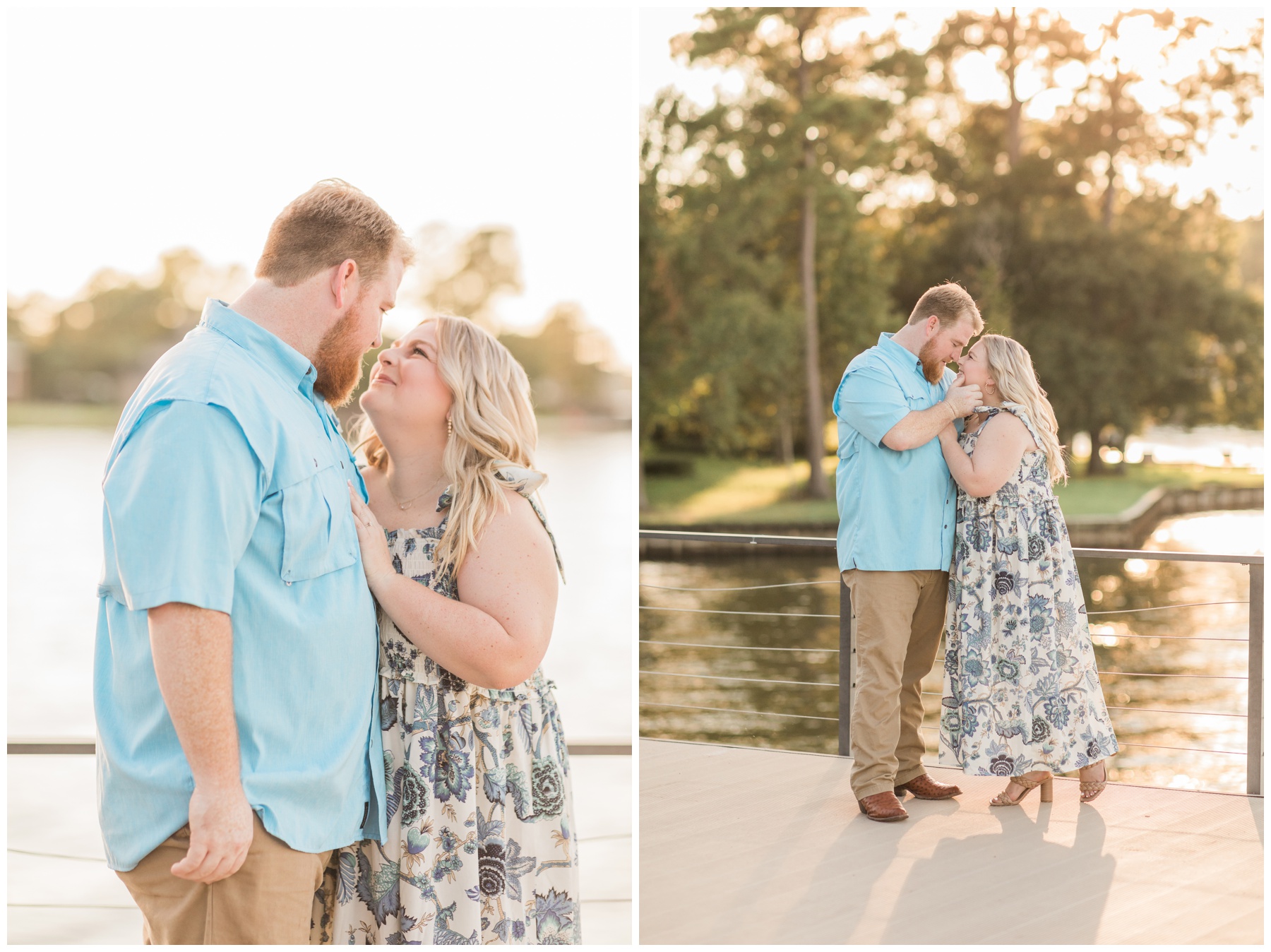 Bride in a white and blue sundress for her engagement session on Lake Conroe