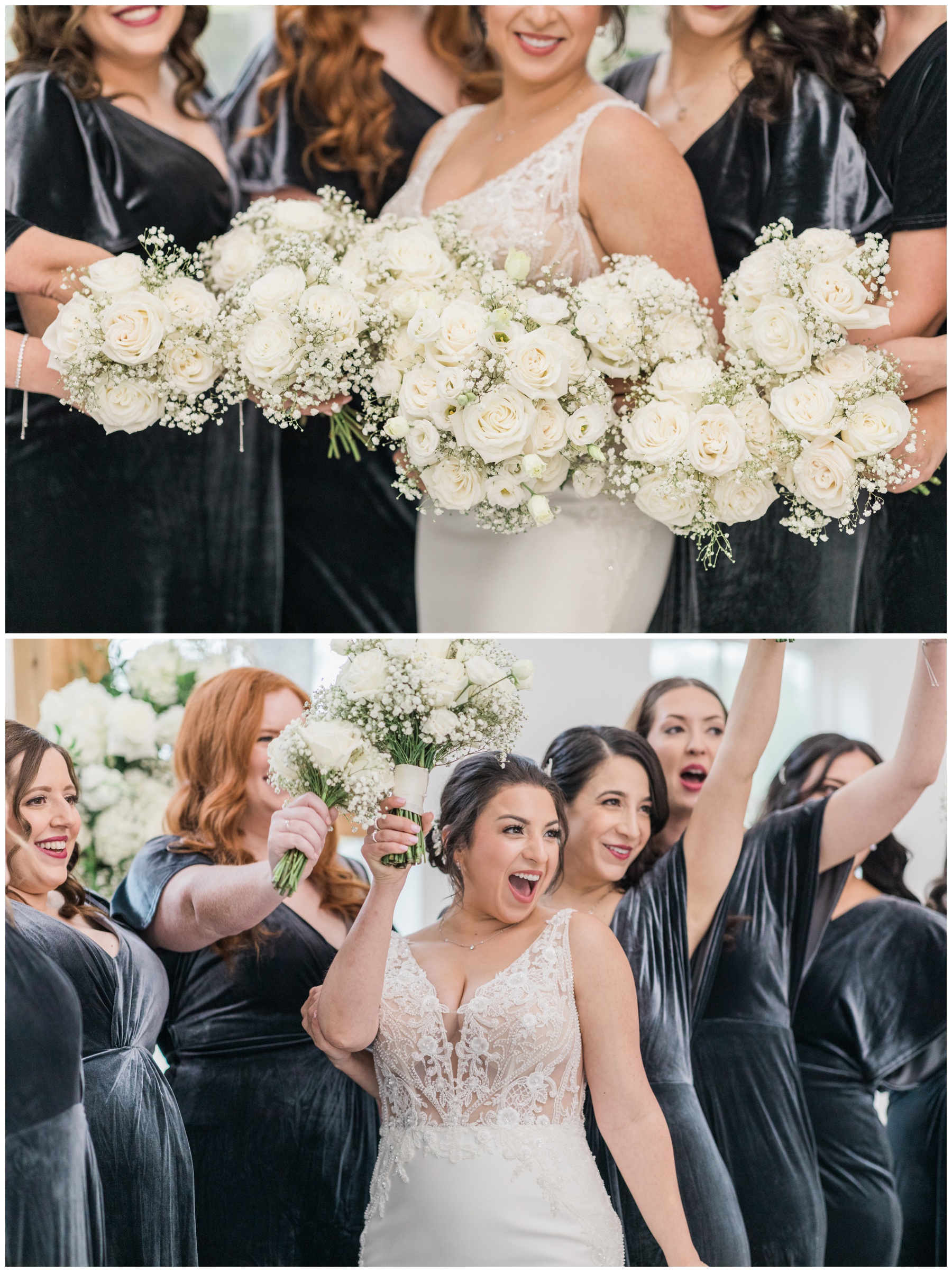 Bride holding a bouquet filled with white roses and baby's breath