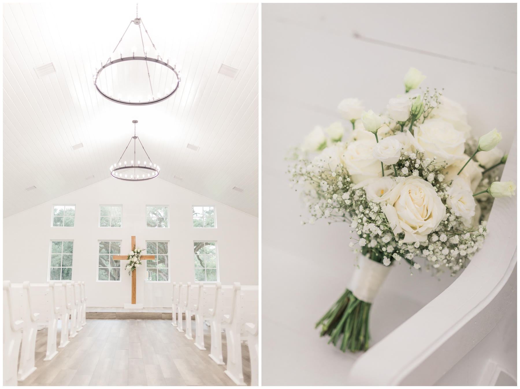 Wooden cross with white roses and baby's breath at a wedding ceremony