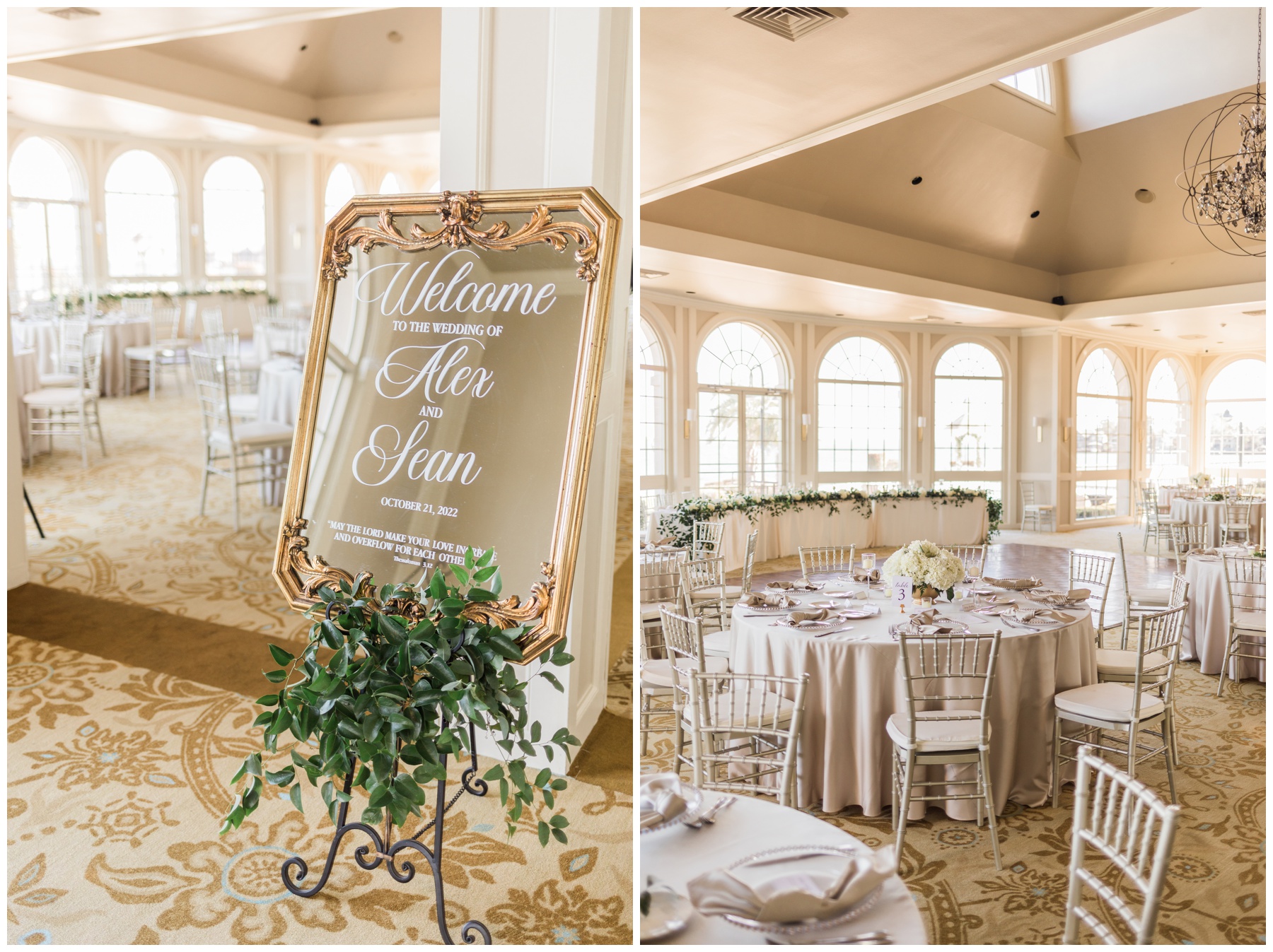 Mirror welcome sign with ornate gold trim and calligraphy at a wedding reception