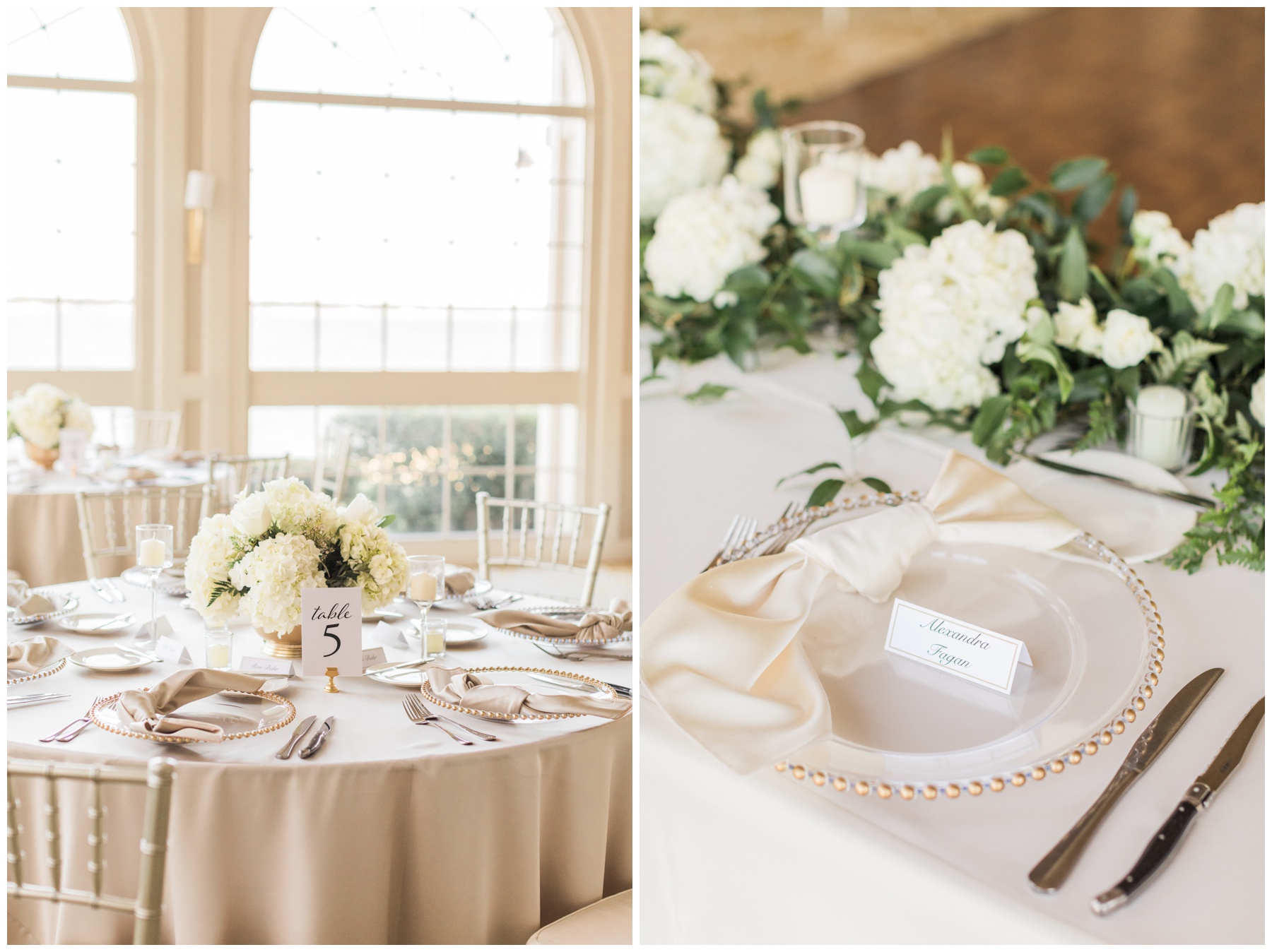 Tablescapes with cream linens, gold-rimmed chargers, and white hydrangeas at an elegant wedding reception