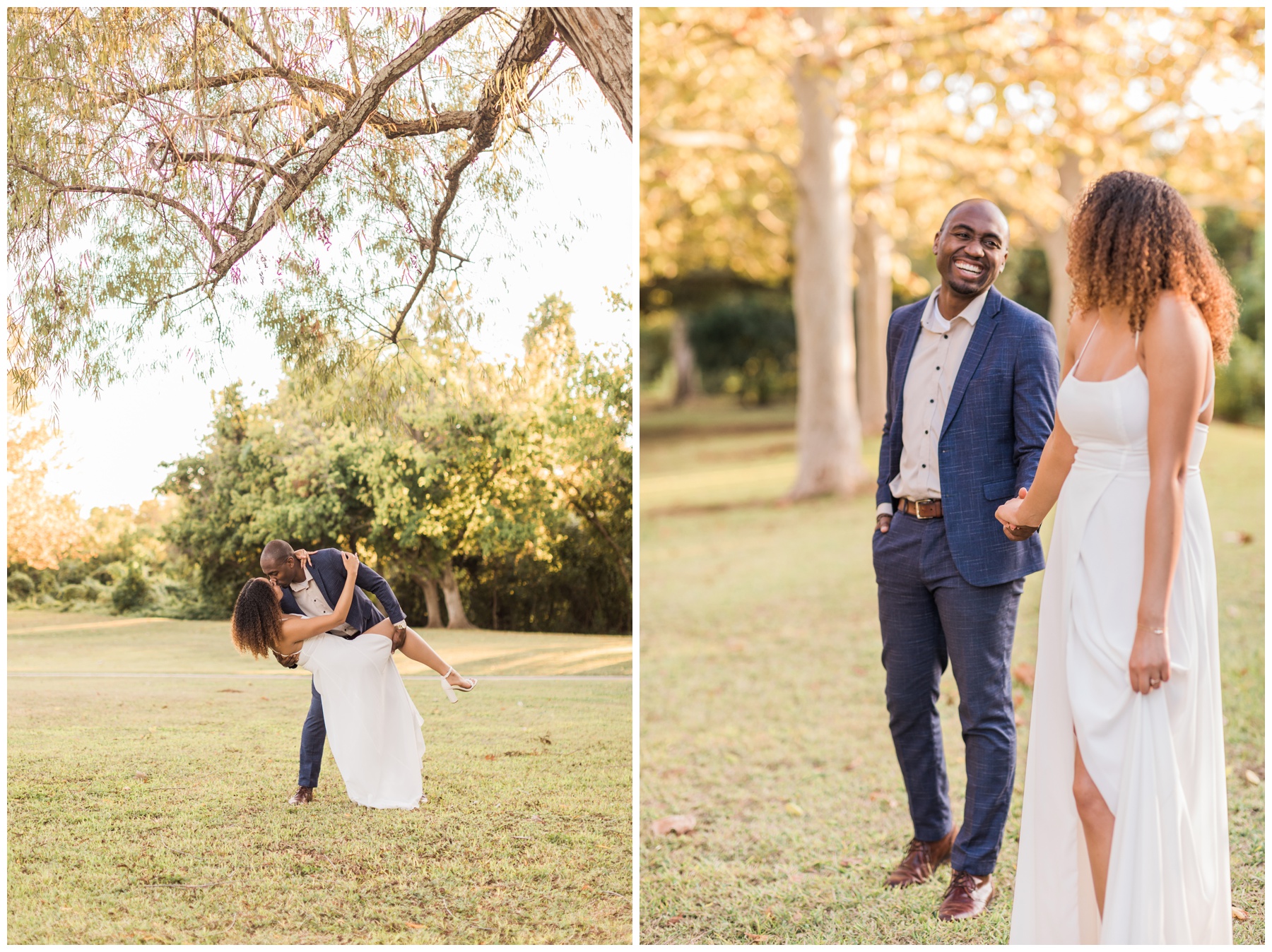 Outdoor engagement session in a park at golden hour