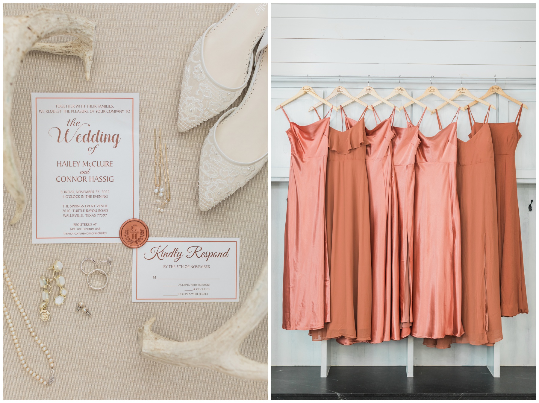 Flatlay of a white and terracotta wedding invitation with deer antlers