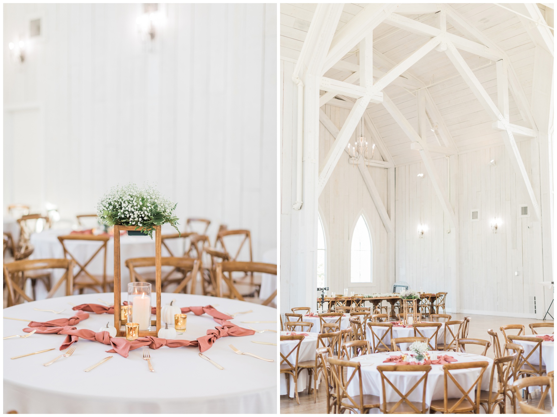 White and terracotta linens, gold cutlery, and baby's breath for a boho-inspired wedding reception