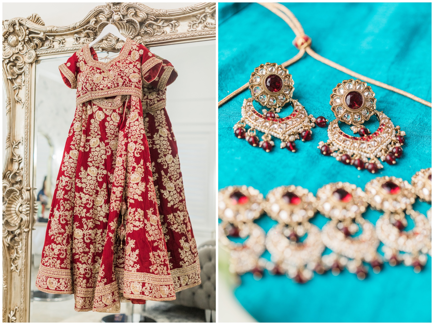 Red Indian wedding dress with gold floral details from Maharani Fashions