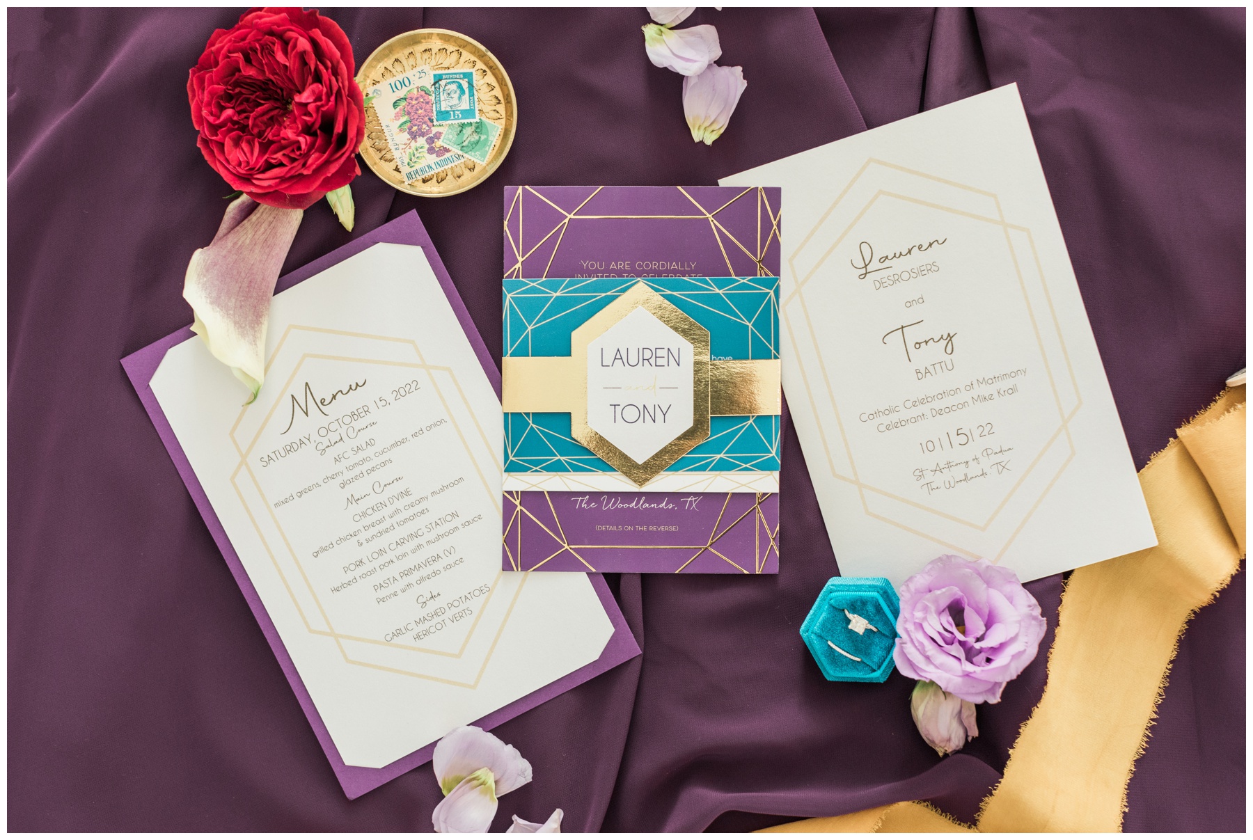 Multicultural wedding invitation with gold details
