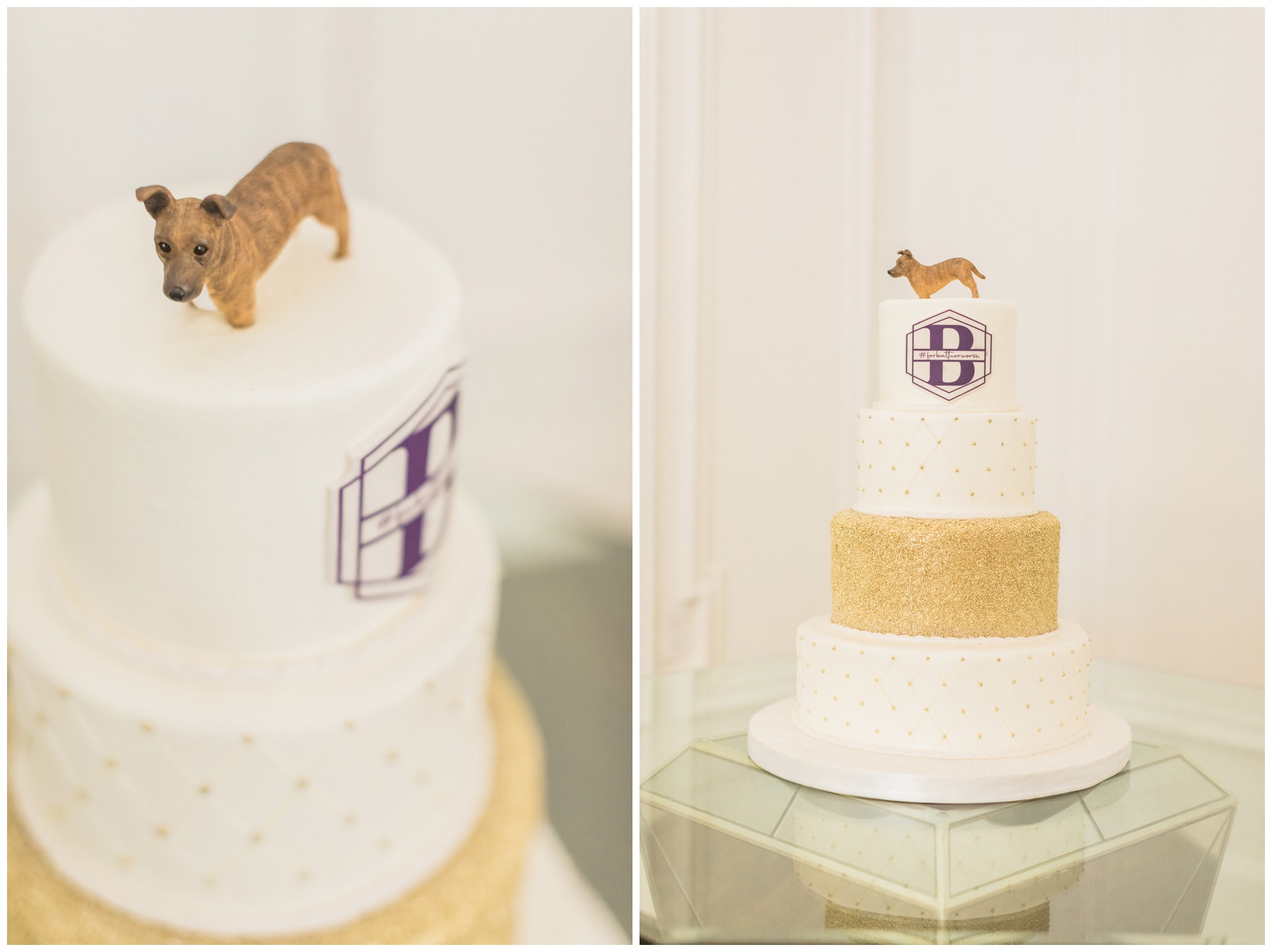 White and gold wedding cake with a custom dog cake topper from Supreme Kakes