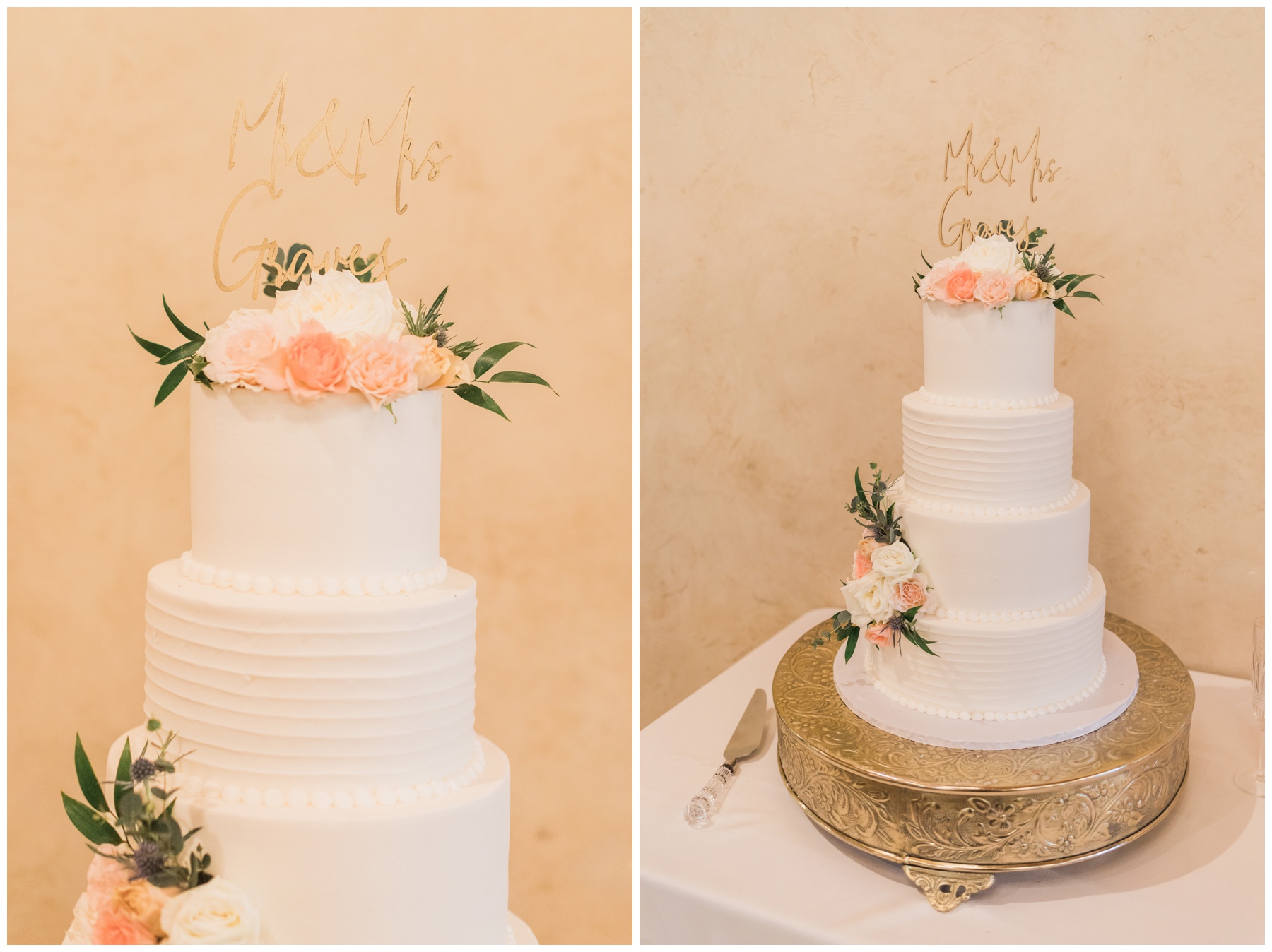 Ribbed buttercream wedding cake with roses and a gold custom cake topper