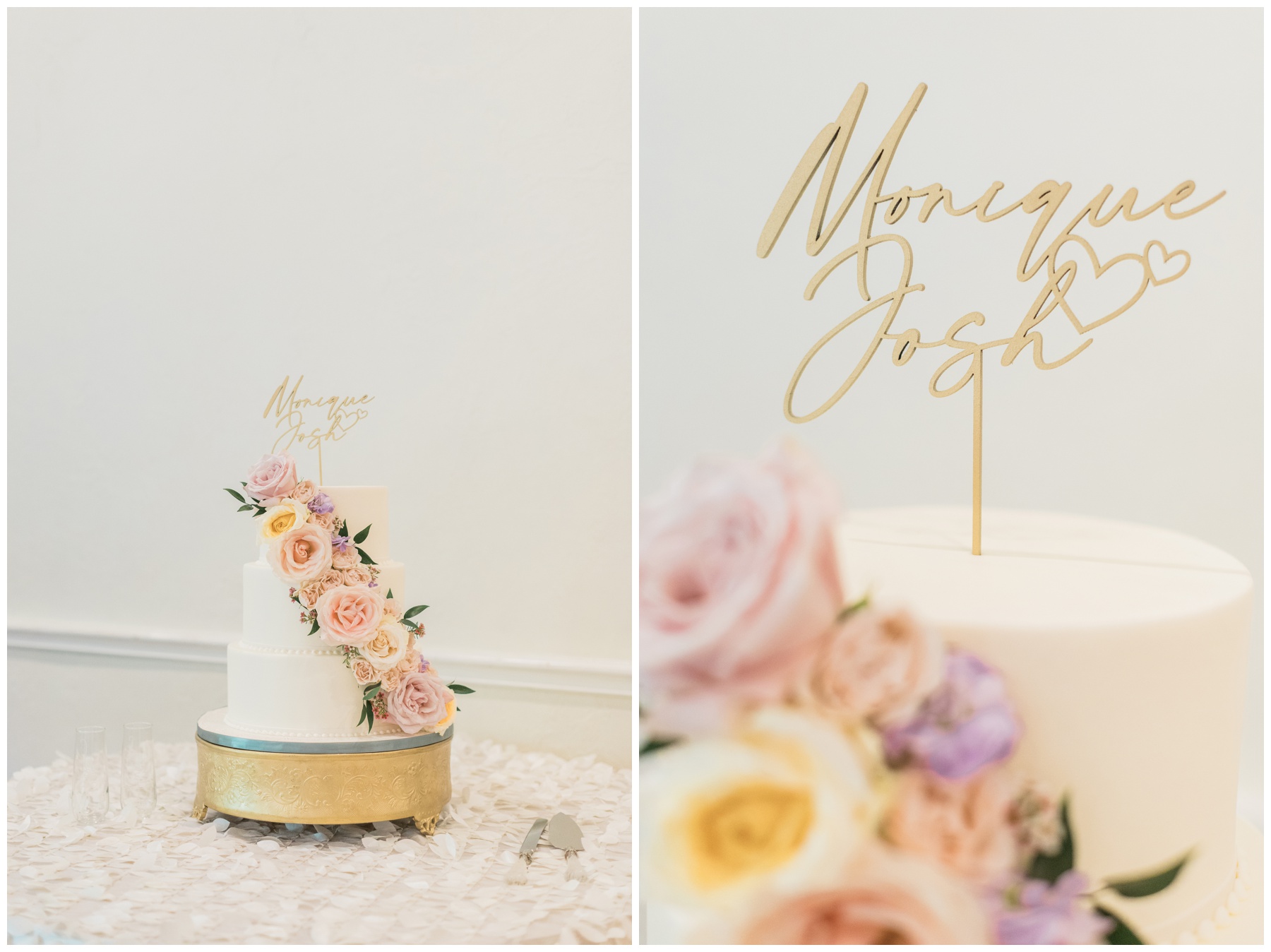 Wedding cake with blush roses and a gold custom topper by Cakes by Gina