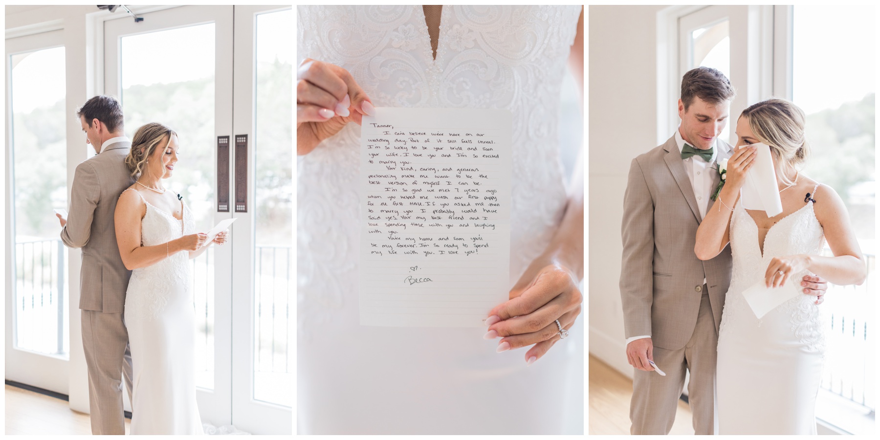Bride and groom reading private vows before their wedding ceremony