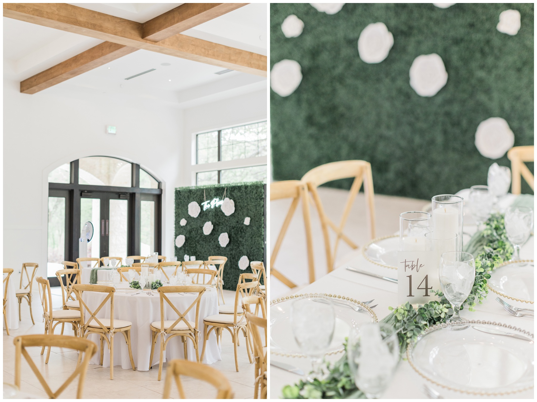 Wedding reception tablescape with greenery, sage linens, and gold-beaded charger plates 