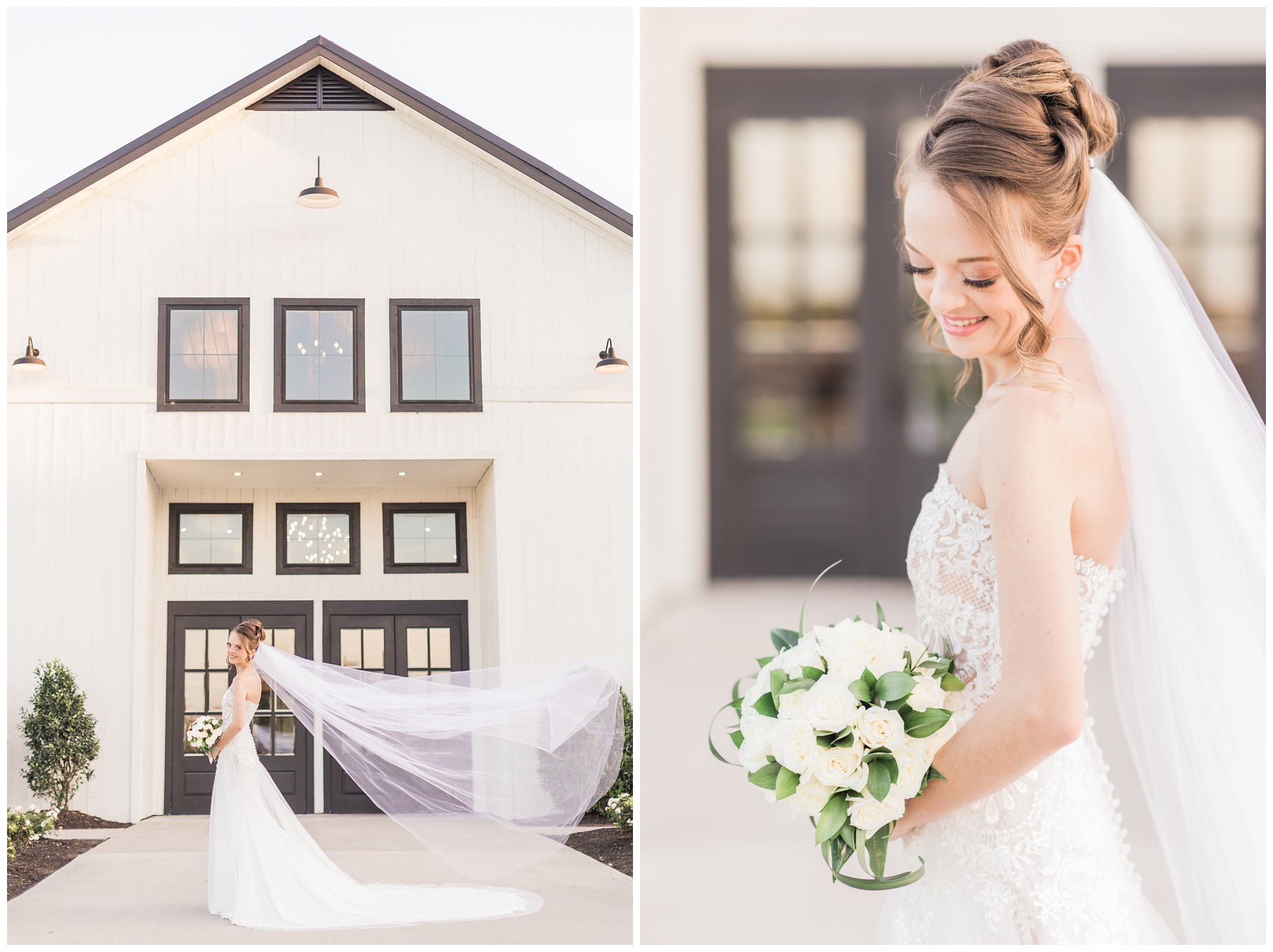 Bride wearing a strapless lace wedding gown with a tulle overskirt for her bridal session at Willowynn Barn